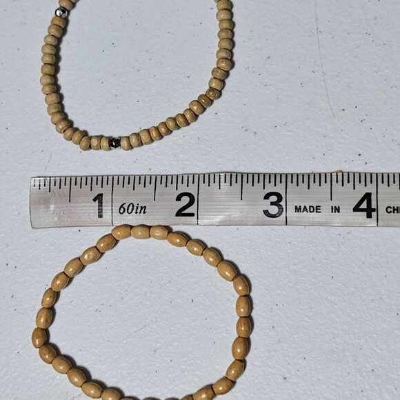 Boho Wooden Beaded Stretch Bracelets Natural Finish Set Of 2 Fashion Jewelry - Picture 3 of 3